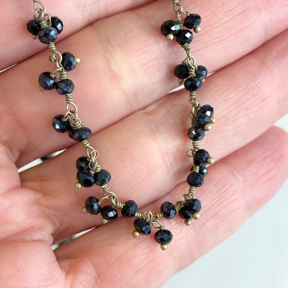 Vintage Beaded Necklace Black Faceted Hand Wired Bronze Tone Dainty 14"
